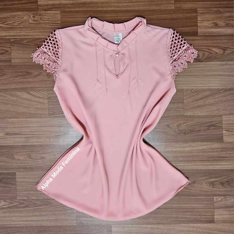 Blusa, blusinha de crepe de seda, com pérolas, com renda