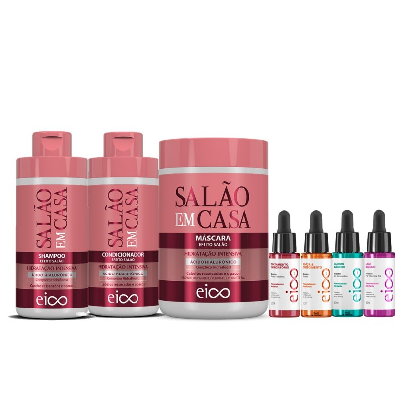 Kit Salão em Casa Hidratação Intensiva Shampoo e Condicionador 450ml Máscara Tratamento Capilar Eico e Boosters Eico Pro 30ml. em Oferta na Shopee