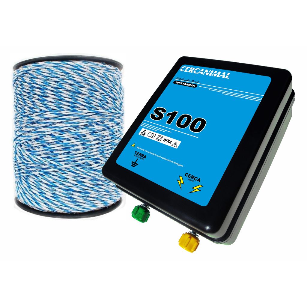 500m Fio eletroplastico AZ/BR + 01 Eletrificador Alta Potencia s100 4 joules 12V + FONTE