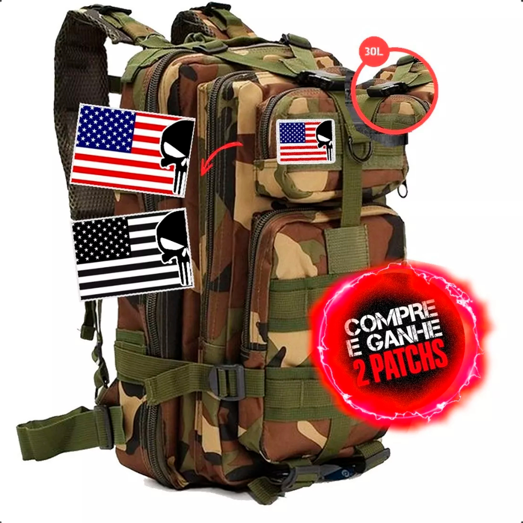 Mochila Tática Militar 30L à Prova D'água + 1 Patch Exclusivo
