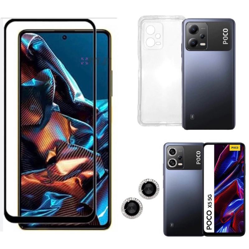 Kit 3X1 Xiaomi Poco X5 5G - Película Frontal Vidro 3D + Capa Transparente + Pelicula Câmera c/Strass