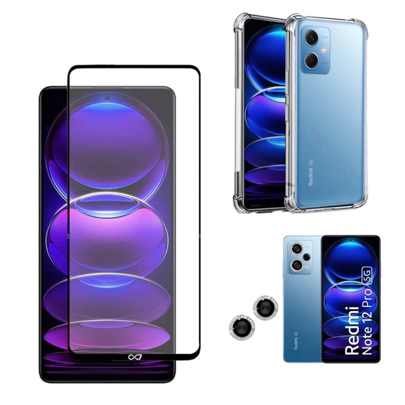 3X1 Xiaomi Redmi Note 12 Pro 5G - Película Frontal Cerâmica + Capa Transparente + Pel.Câmera STRASS