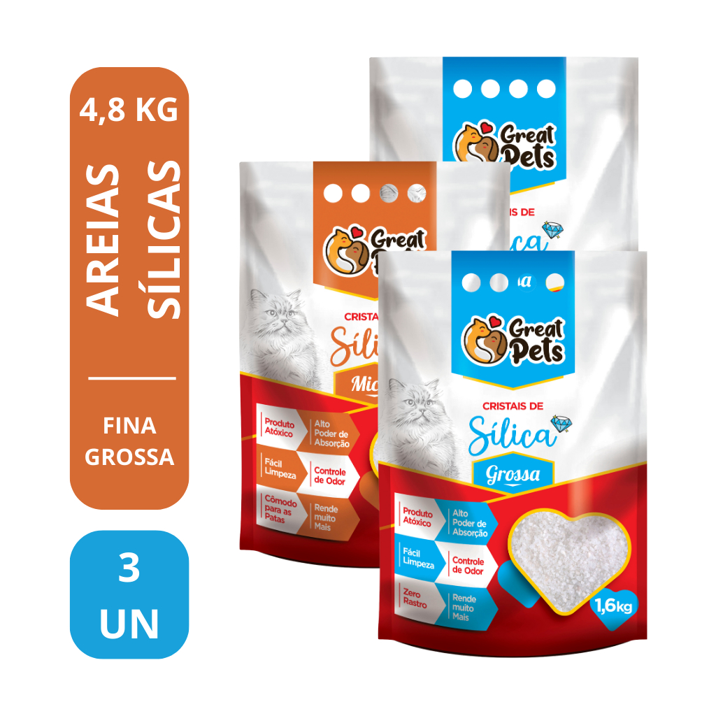 Kit 3 Areia Sílica Sanitária Micro Cristais Em Gel para gatos Great pet - 1,6 Kg