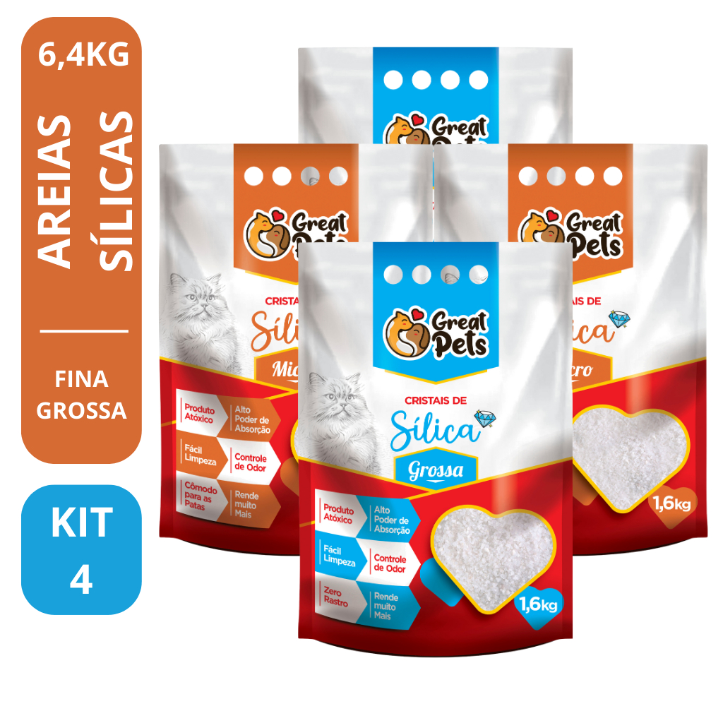 Kit 4 Areia Sílica Sanitária Micro Cristais Em Gel para gatos Great pet - 1,6 Kg