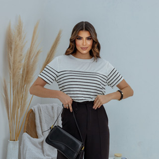 Blusa Blusinha T-shirt Manga Curta Listrada Moda Blogueira Brás Primavera Verão