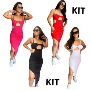 Kit Vestido Canelado 2 Peças (Pink,Preto,Vermelho)