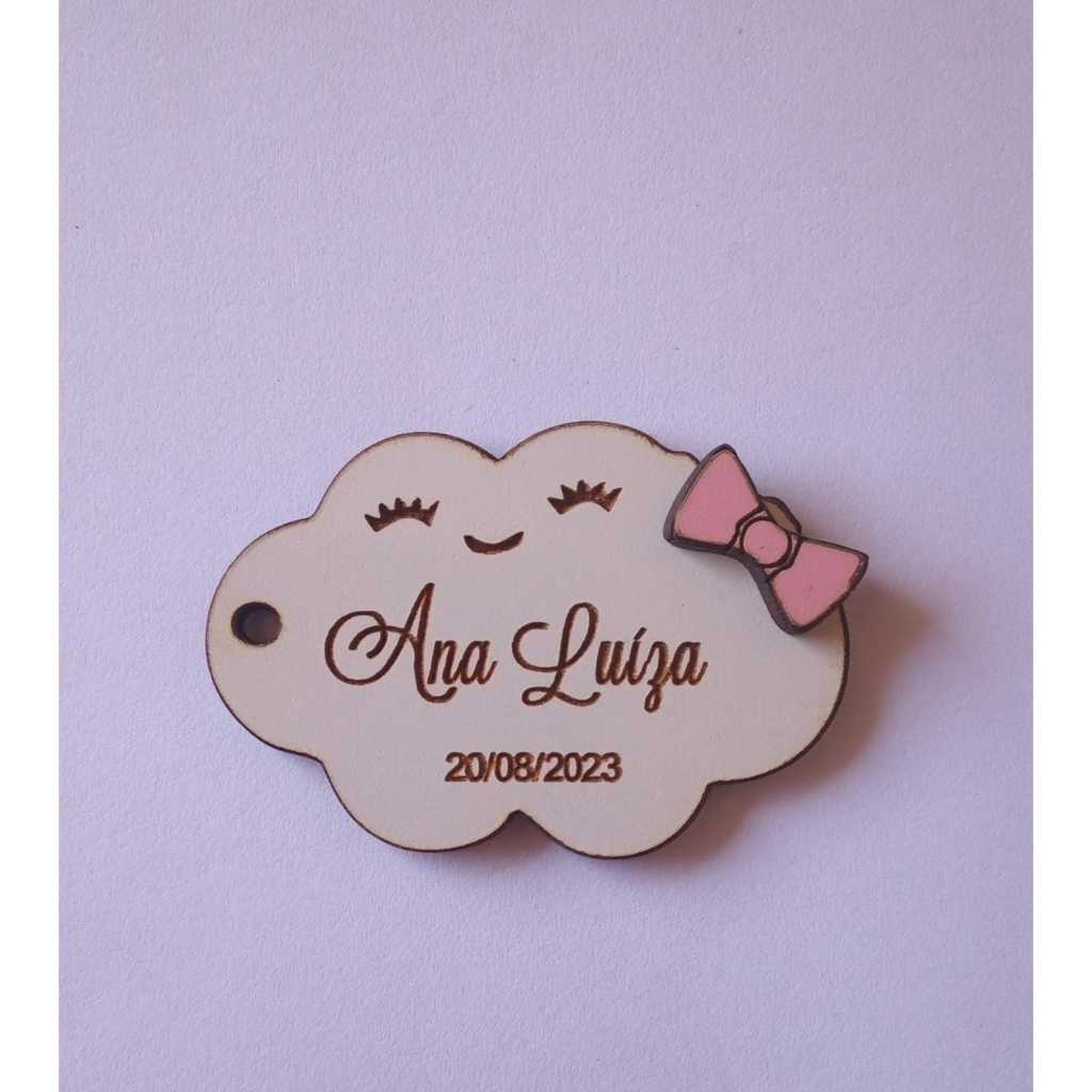 Pacote com 100 Chaveiros Mdf Personalizados  formato Nuvenzinha com Laço Rosa ou Azul claro!
