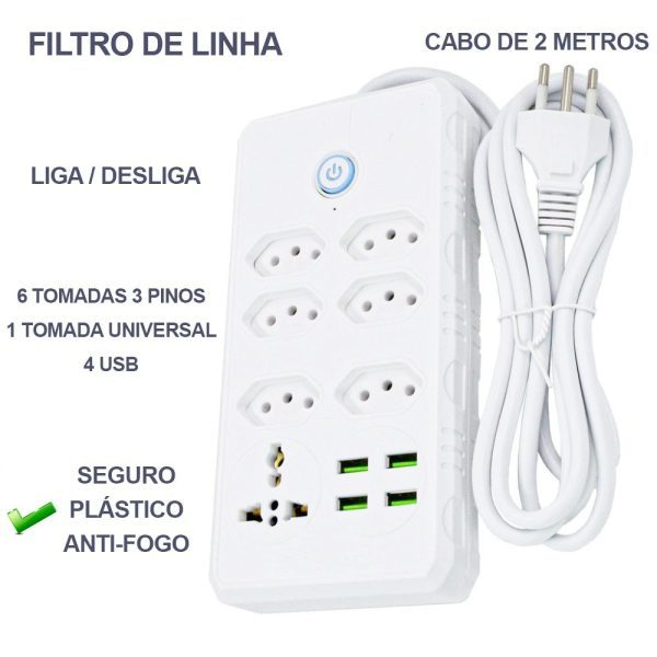 Régua Filtro de Linha com 7 Tomadas Extensão Elétrica 1 Universal 4 USB Bivolt 10A 110v/220v Cabo de 2 Metros