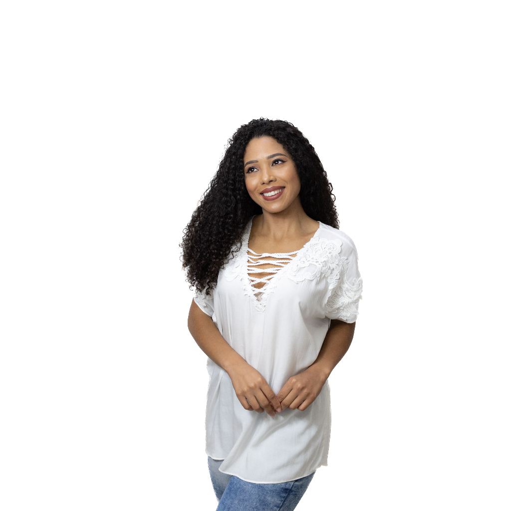 Blusa Bata Social Feminina ,com Lindo Detalhe de Guipir no Busto, Decote V, Elegante e Confortável 5203