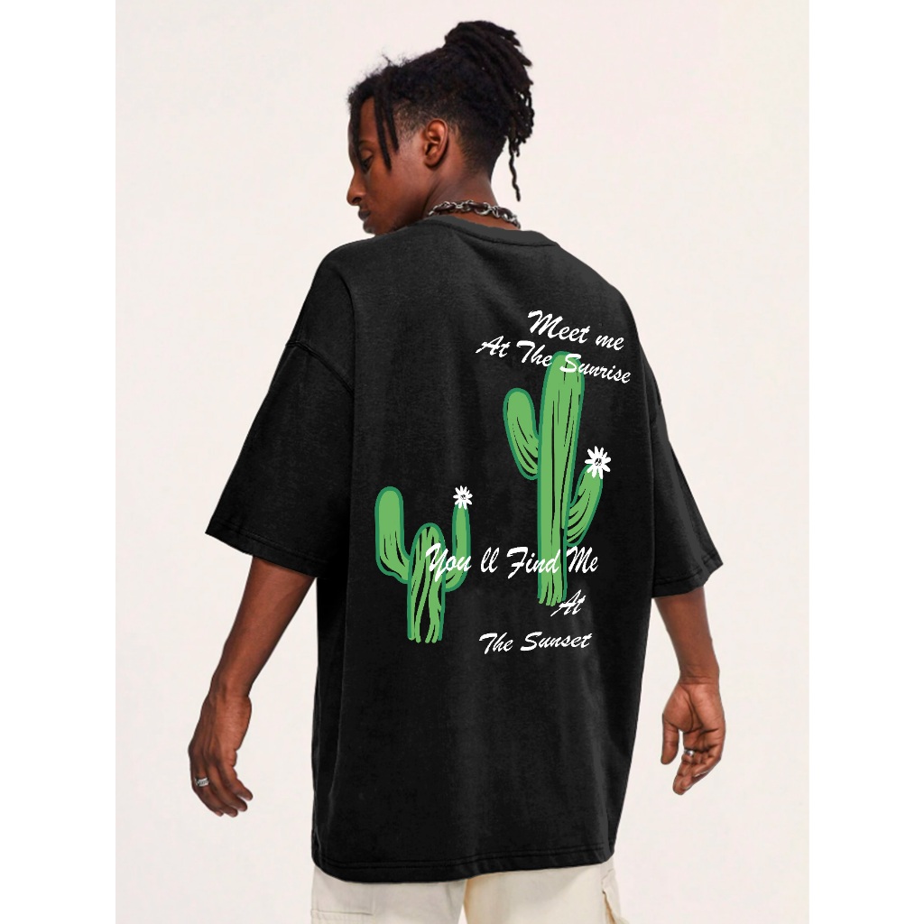 Camiseta Masculina Life Style Larga Skate Oversized Estampada Cactus Flor Bordado Cacto Deserto Flo
