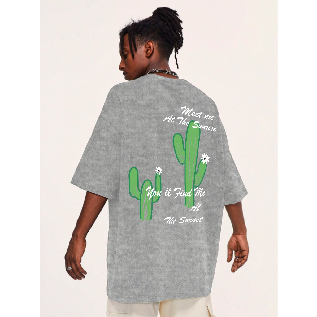 Camiseta Masculina Oversized Larga Estampada Cactus Flor Bordado Cacto Flor Estampa Frente Costas B