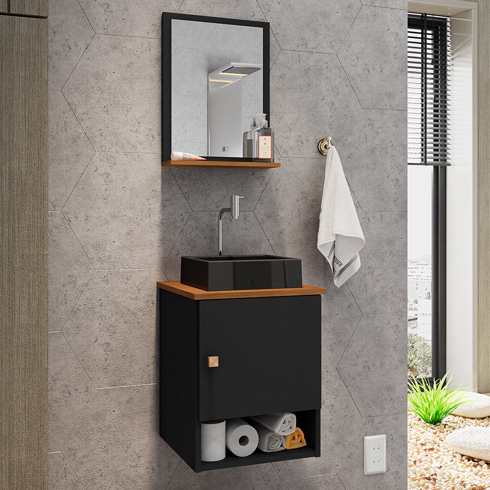 Gabinete Arm Banheiro Lima 1 Porta com Cuba Tulipa Preta