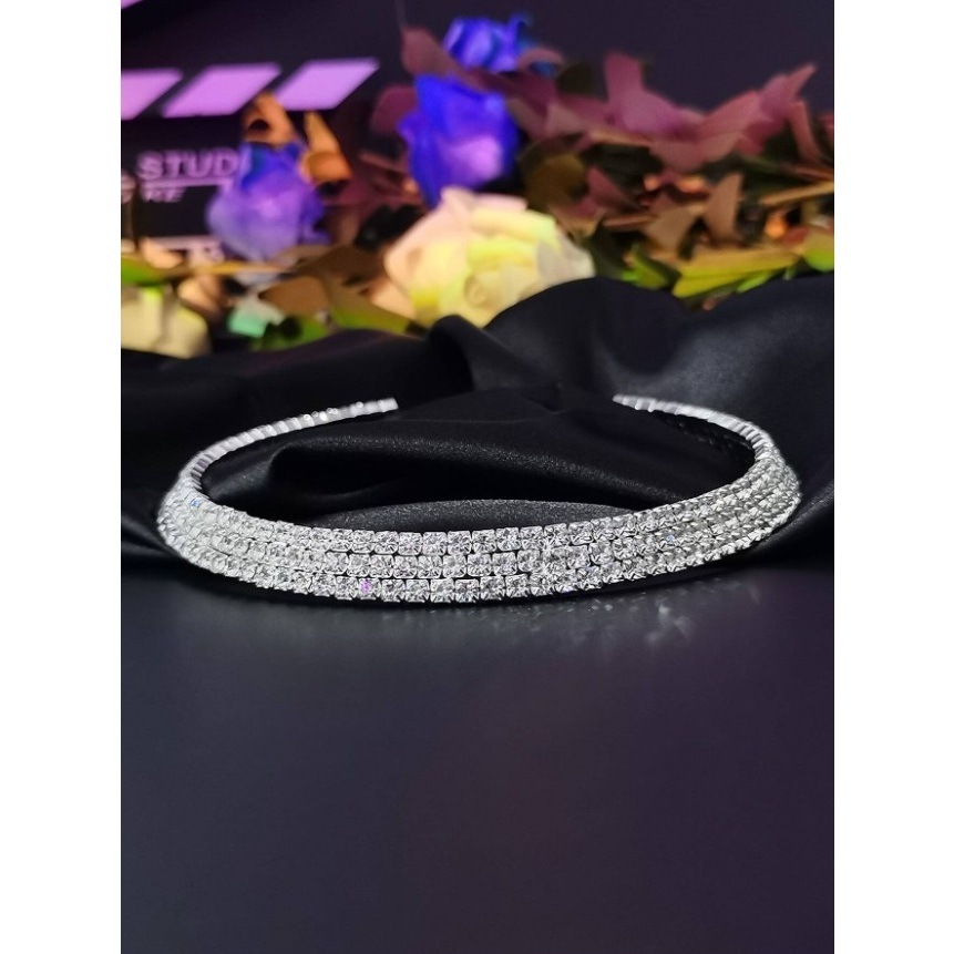 Colar 3 Voltas Strass Choker Gargantilha Festa Prata C41