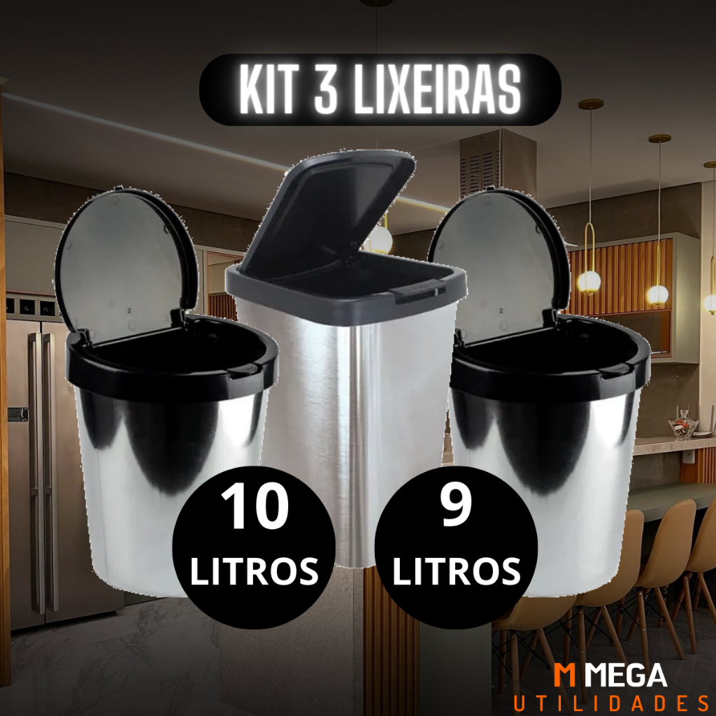 Lixeira 10L Redonda Imita Inox Tampa Automática Click Label para Banheiro Cozinha Escritório