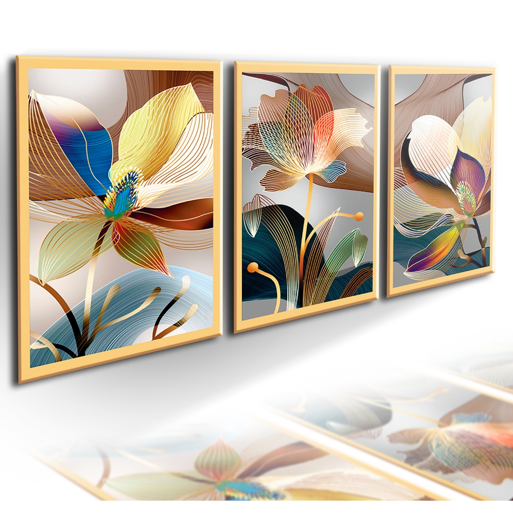 Kit 3 Placas Quadros Decorativos Mosaico Flores Coloridas Floral Mosaico Orquídeas Trio Parede Sala Quarto Escritório