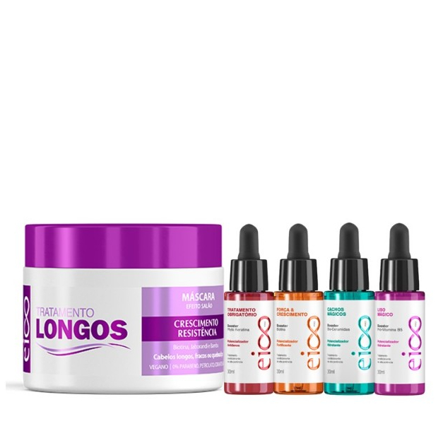 Eico Máscara Tratamento Hidratação Crescimento Fortalecimento Cabelos Longos 270g e Boosters Eico Pro Tratamento 30ml.