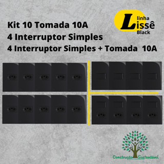 Kit 10 Tomada 10A Horizontal + 4 Interruptores Simples + 4 Interruptor Simples com Tomada 10A - Linha Lissê Black Apoio (Apagador e Tomada Preto Brilhante)