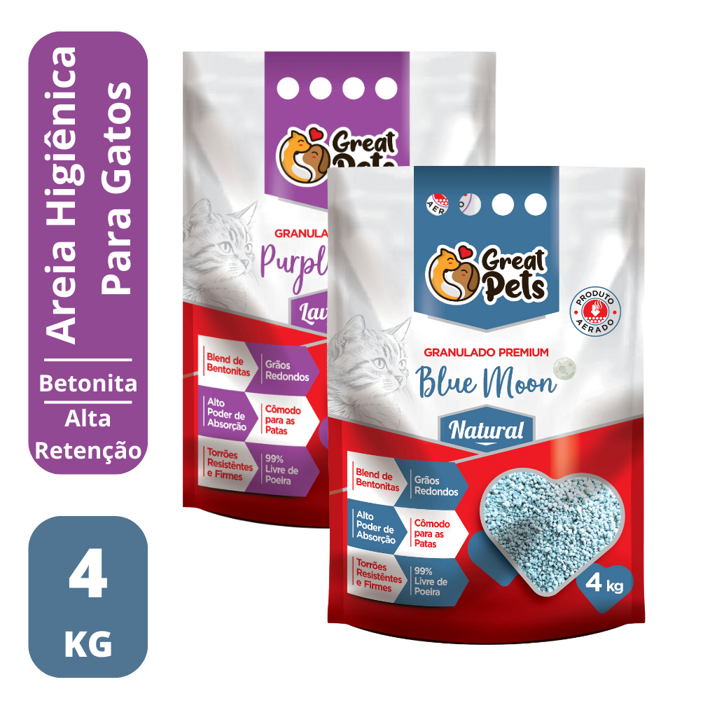 Areia Higiênica Para Gatos Ultra Absorvente Bentonita Lavanda e Sem Cheiro Premium 4kg