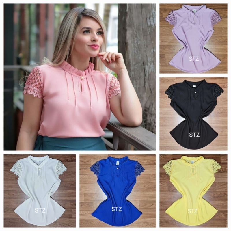 Blusa feminina delicada de crepe com pérolas e renda, blusa social elegante, blusinha