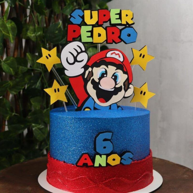 Super Mario Topper Topo de bolo  Super Mario com nome e idade personalizado