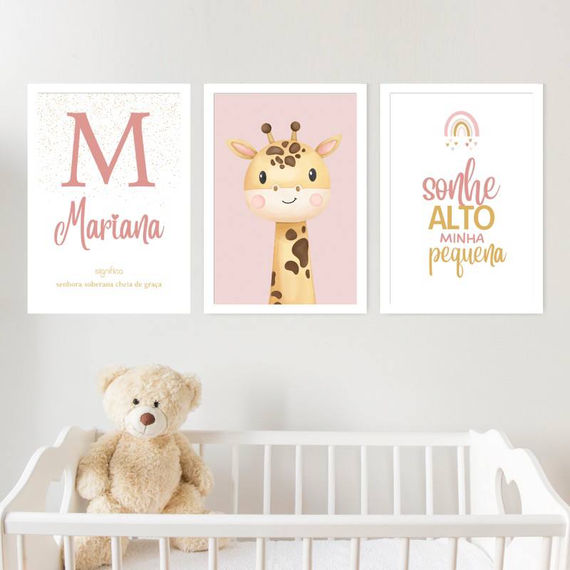 Kit 3 Quadros Decorativos 40X60 Infantil Personalizado Nome Bebê Para Quarto Ou Porta Maternidade Girafa