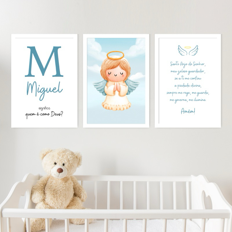 Kit 3 Quadros Decorativos Infantil Personalizado Nome Bebê Para Quarto Ou Porta Maternidade Anjo