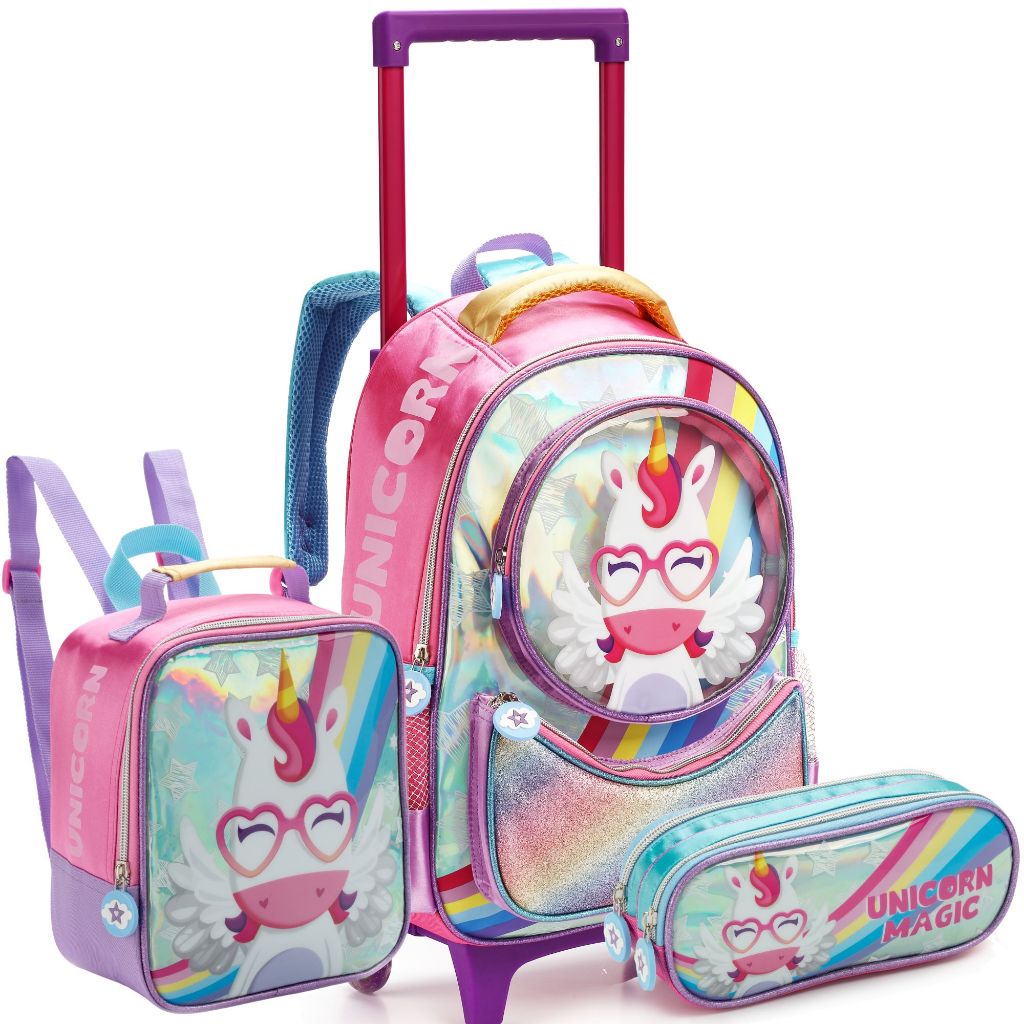 Kit Mochila Escolar Infantil Menina com Rodinhas Lancheira e Estojo