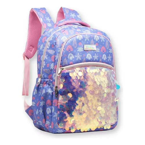 Mochila bolsa escolar de costas grande feminina Yepp Paetê Sereia Juvenil