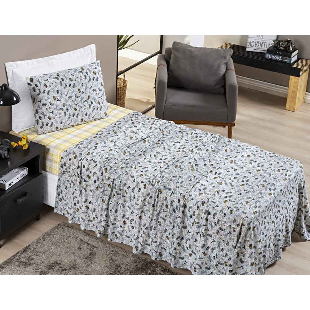 Jogo De Cama Joy Lençol Solteiro 03 Peças Toque Macio Malha 100% Algodão Estampado