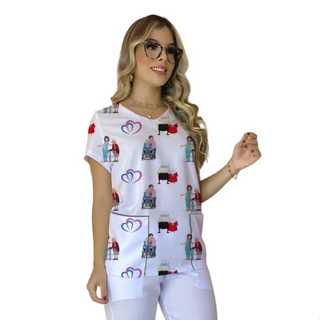 Scrubs Blusa Feminino Cuidador de Idoso 2 Bolsos Frontais Malha Flame (prota entrega)