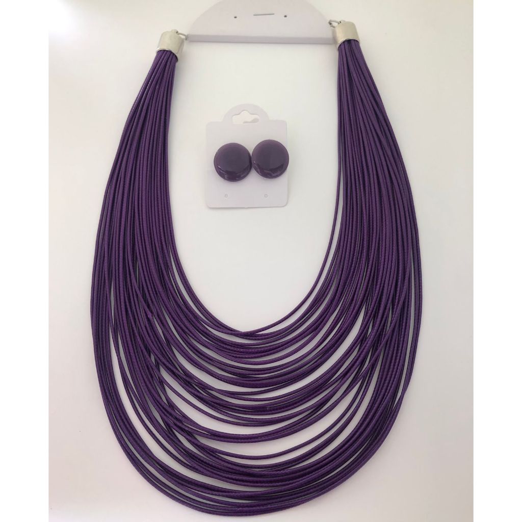 Kit Max Colar Fios Encerado +Brinco  Botão Roxo em Oferta na Shopee