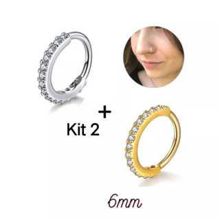 Kit 2 Piercing Nariz Cartilagem Argola Cravejado Strass 6mm