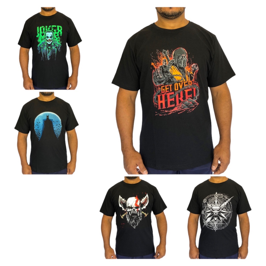 kit 5 Camiseta Masculina Algodão Estampa Witcher Batman Kratos  Combat Coringa Filme e Series