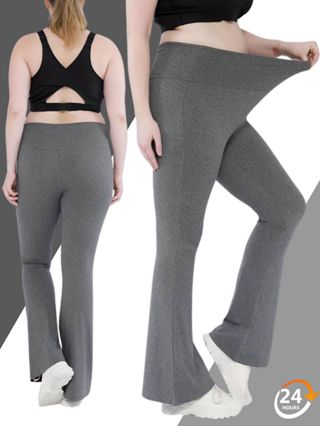 Calça Legging Plus Size Bailarina Boca de Sino Cinza Cos Alto
