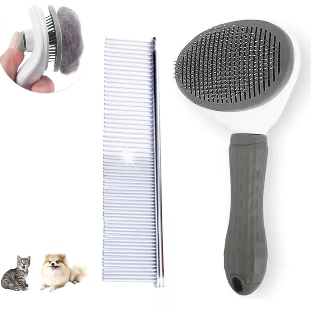 Kit Escova Removedora de Pelos Pet e Pente Aço Para Gatos e Cachorros