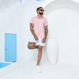 Camisa Masculina Botão Manga Slim Social Rosé