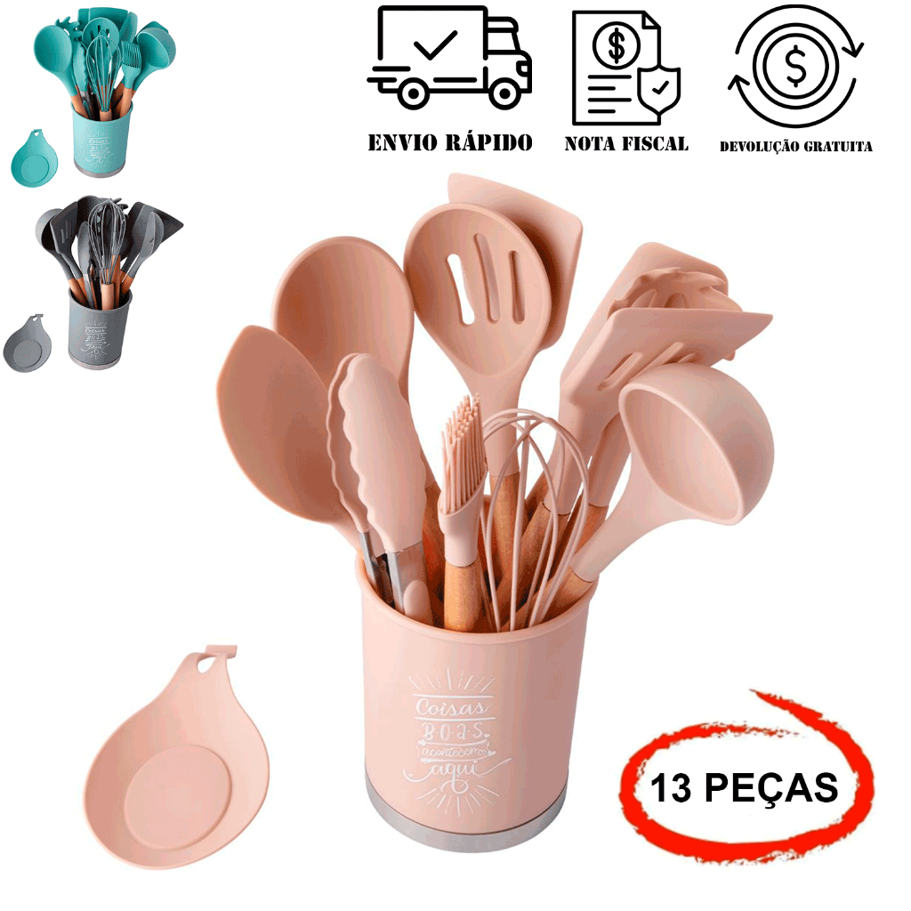 Utensílios de Cozinha KIT com 12 e 13 Peças Utensílios para casa de Silicone e Madeira Pegador Espátula Suporte