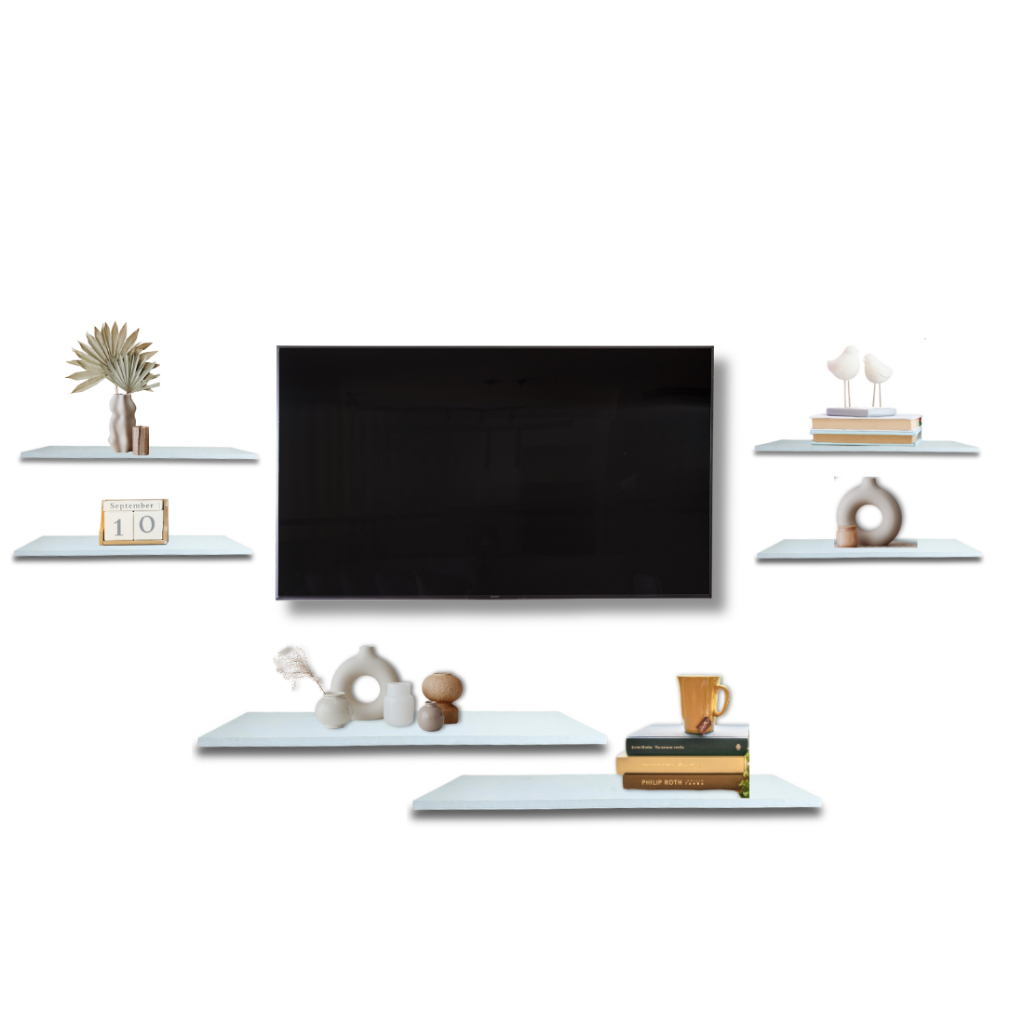 Rack Suspenso Decorativo Branco - 6 Prateleiras T 4 prateleiras 30x10cm + 2 prateleiras 60x15cm TV 60, 50, 42, 32