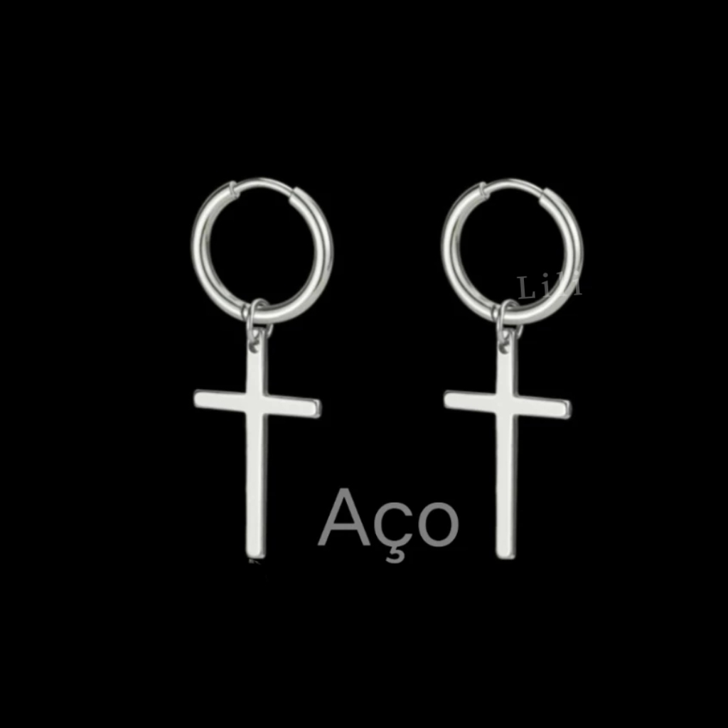 Kit 2 Pares de Brinco Argola click com Pingente Cruz De Aço Inoxidával em Oferta na Shopee