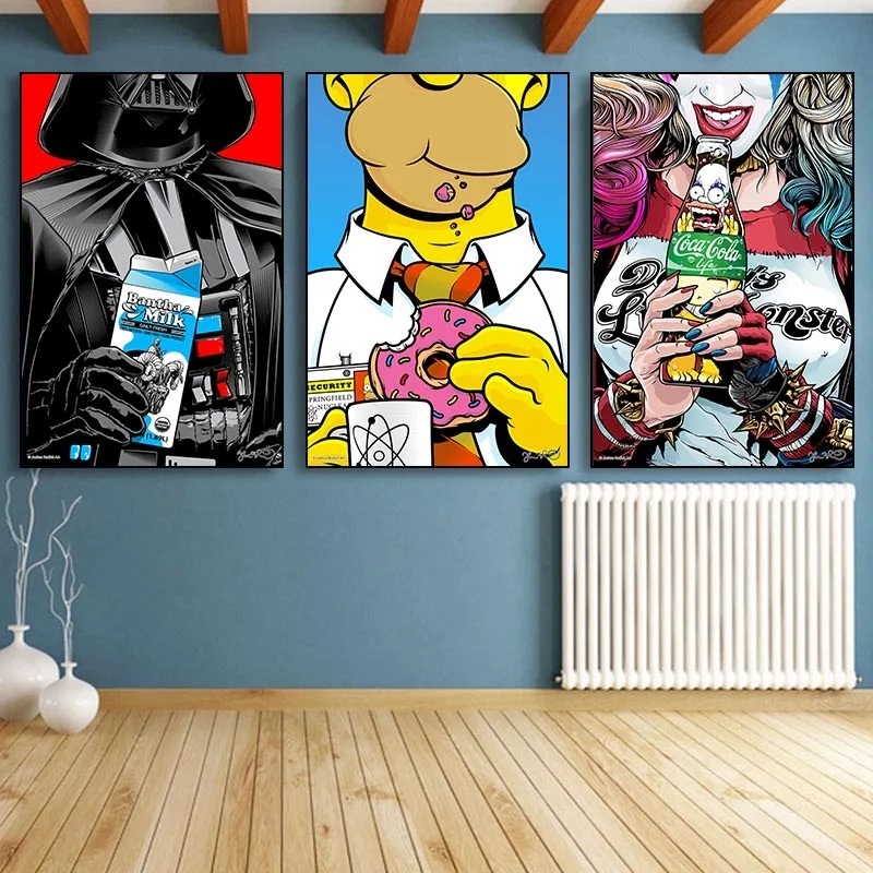 Quadro decorativo 3 peças 50x30 Comida Pop Wall engraçado star wars simpsons arlequina moderno abstrato decoração para casa sala quarto hall