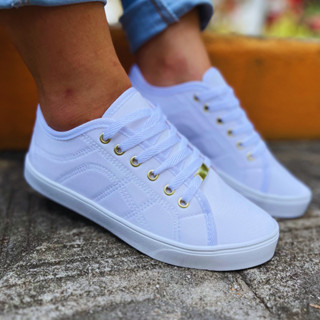 Tenis Feminino Casual Costurinha Branco Confortável Sapatênis Leve e Básico