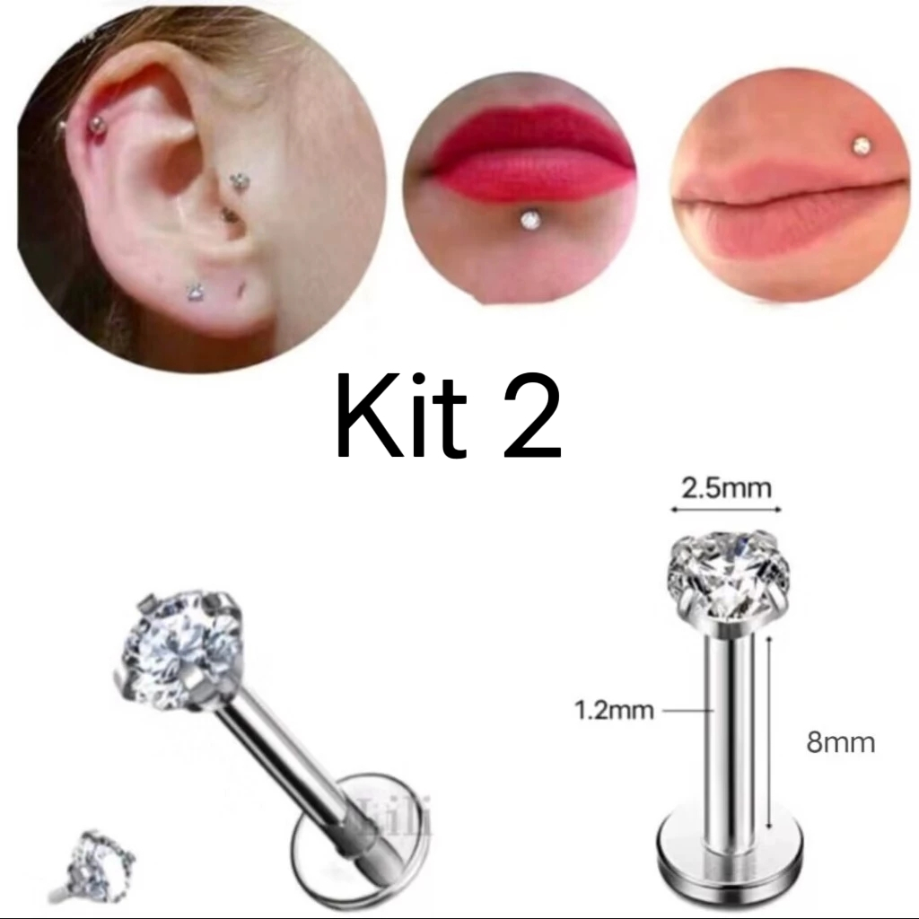 Kit 2 Piercing Labret Ponto De Luz Helix Tragus Conch Aço Cirúrgico em Oferta na Shopee