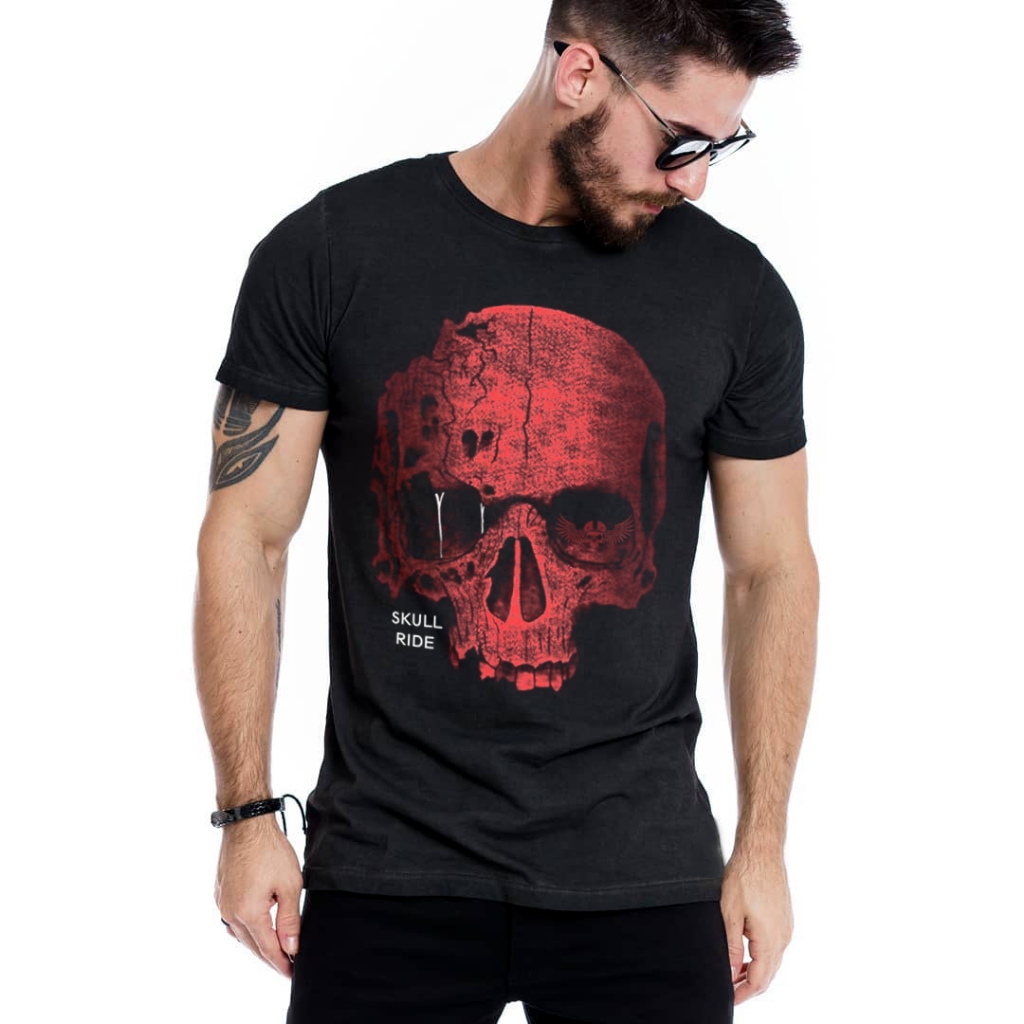 Camiseta Caveira Skull Red Black Camisa Preta Banda Rock