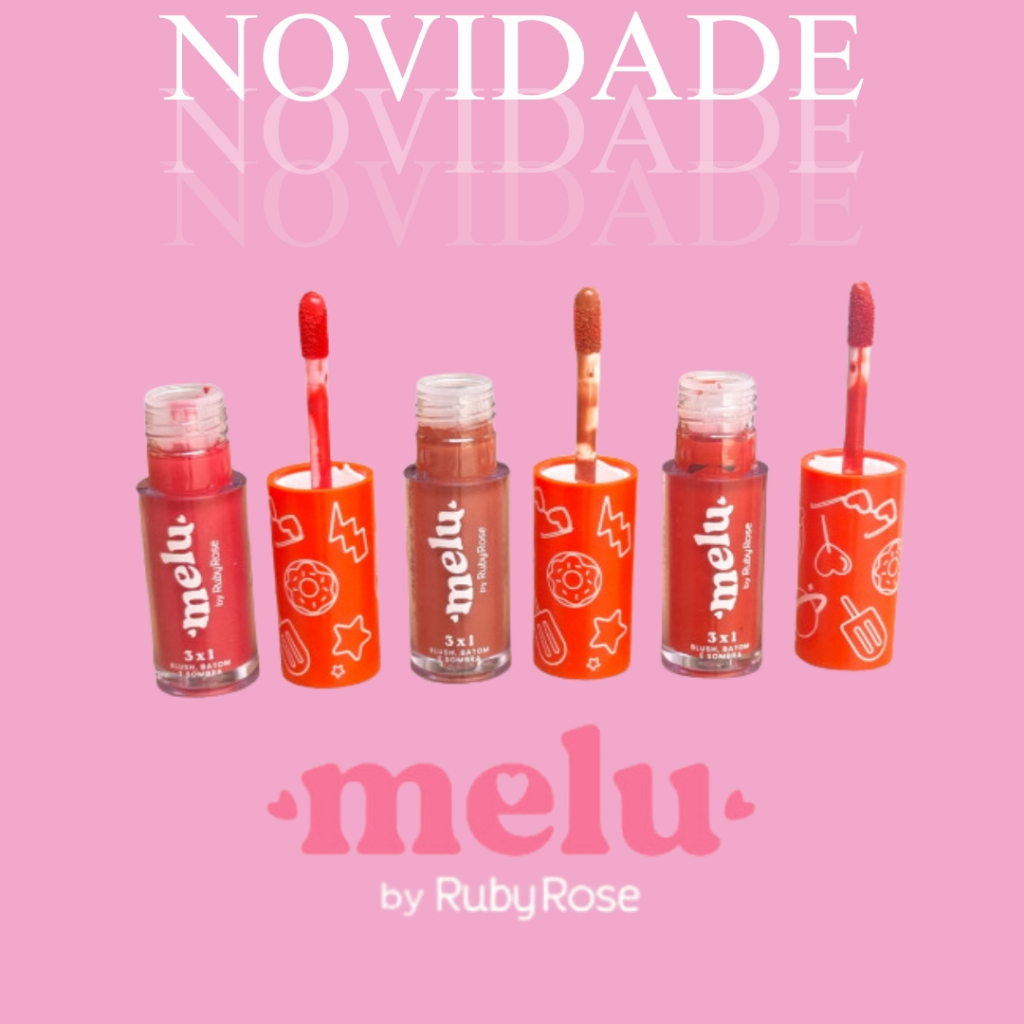 Blush, Batom e sombra 3x1 Melu - Ruby rose em Oferta na Shopee