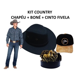 Kit Country Cinto Fivela + Chapéu + Boné Cowboy Sertanejo Cavalgada Festa Junina