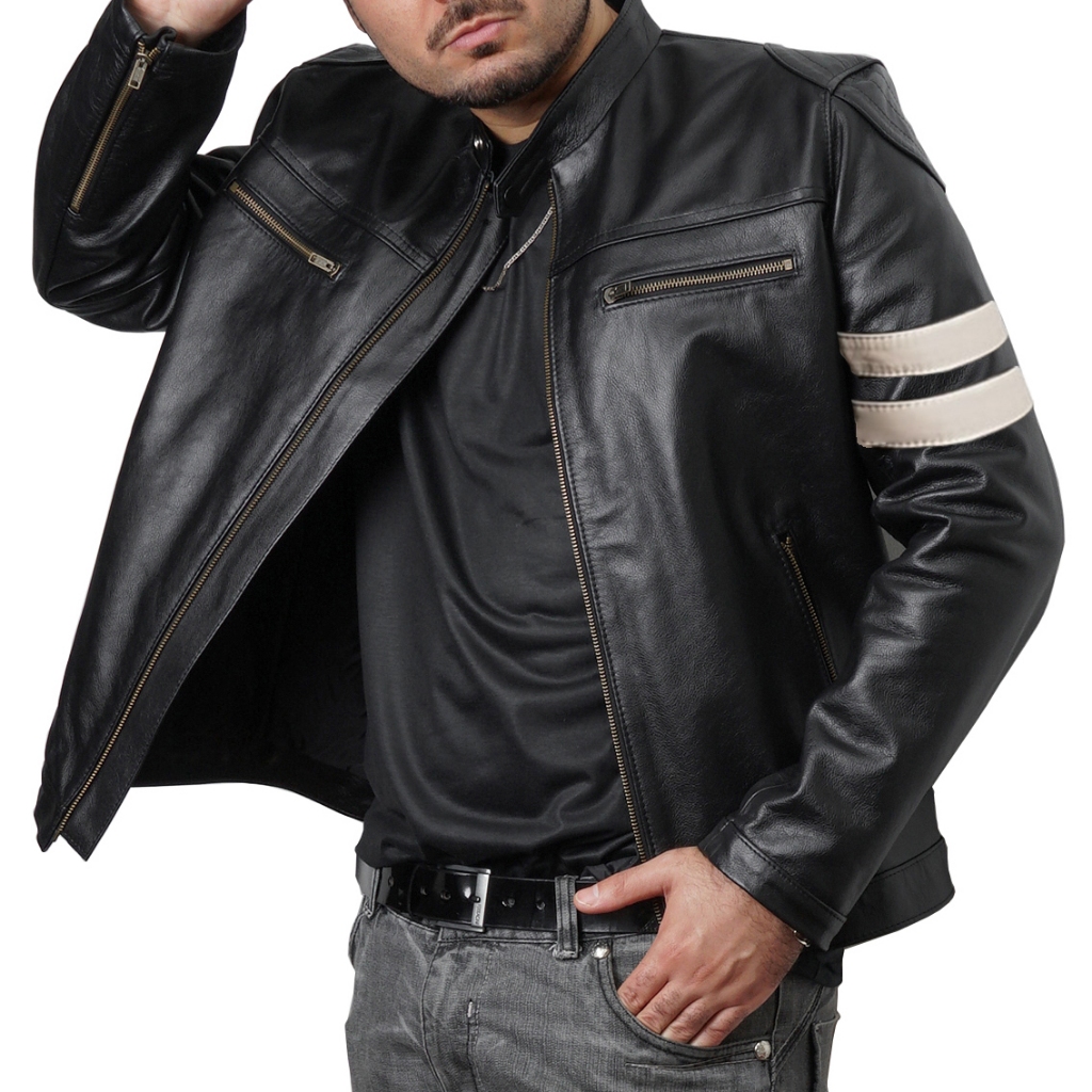 Jaqueta Masculina Slim Casual Casaco Ziper Inverno Motociclista Couro Legítimo Preto Com Listra Creme