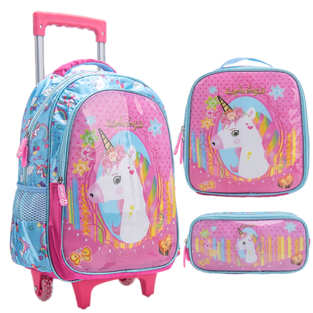 BMA9312CF-KIT Kit Mochila Escolar Infantil de Rodinhas Menina Bolsa Resistente Impermeável Com Lancheira e Estojo