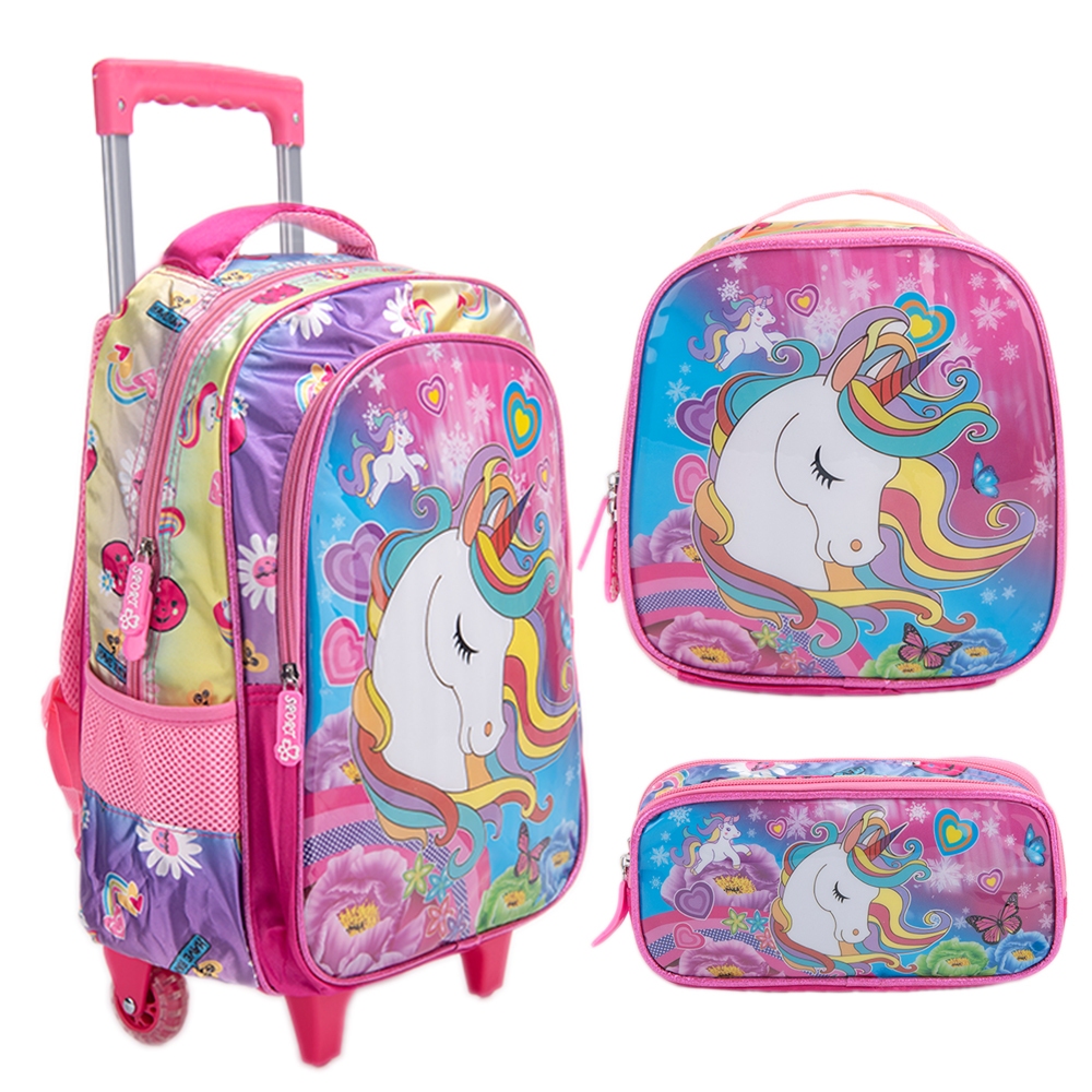 BMA9312CF-KIT Kit Mochila Escolar Infantil de Rodinhas Menina Bolsa Resistente Impermeável Com Lancheira e Estojo