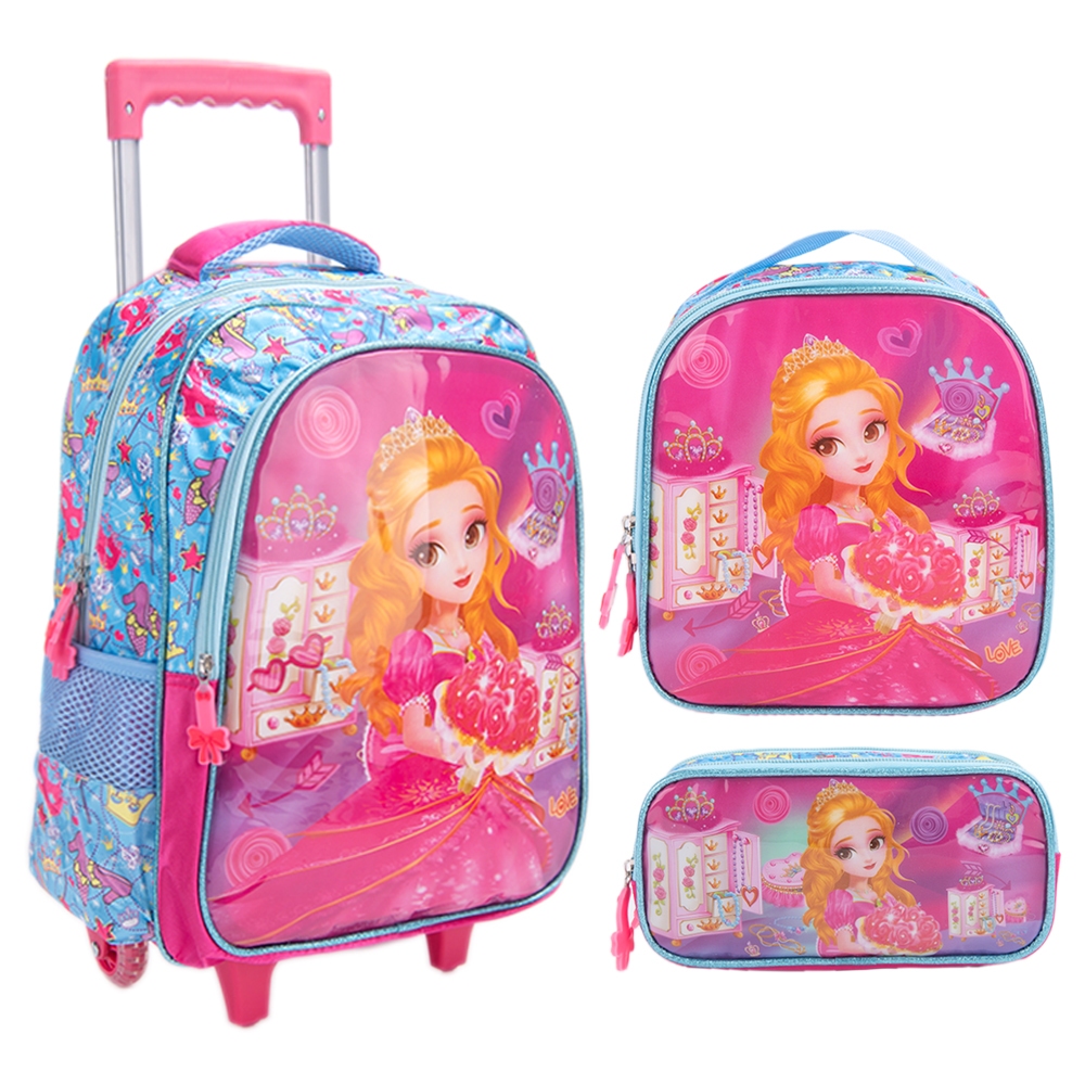 Kit Mochila Escolar Infantil de Rodinhas Menina Bolsa Resistente Impermeável Com Lancheira e Estojo BMA9312MF-KIT