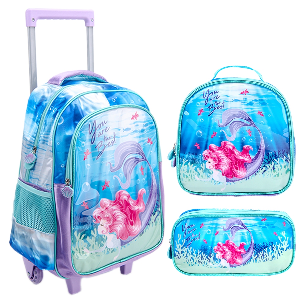 BMA9312S-KIT Kit Mochila Escolar Infantil de Rodinhas Menina Bolsa Resistente Impermeável Com Lancheira e Estojo